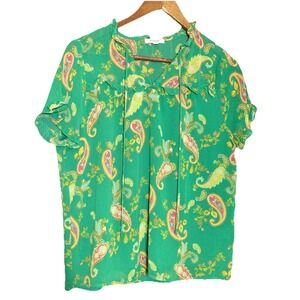 Pleione Paisley Floral Sheer Short‎ Sleeve Shirt M Green Relaxed V Neck Artsy